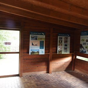 Entrance hide for the European white stork reserve - Educational signage and viewing slot, 2025-05-22