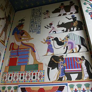 Decorated walls of 'Egyptian Temple' style Elephant House; Antwerp Zoo; 12t