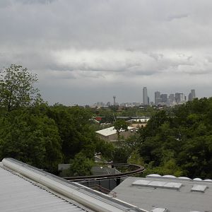 Dallas Skyline, monorail track, and new elephant barn