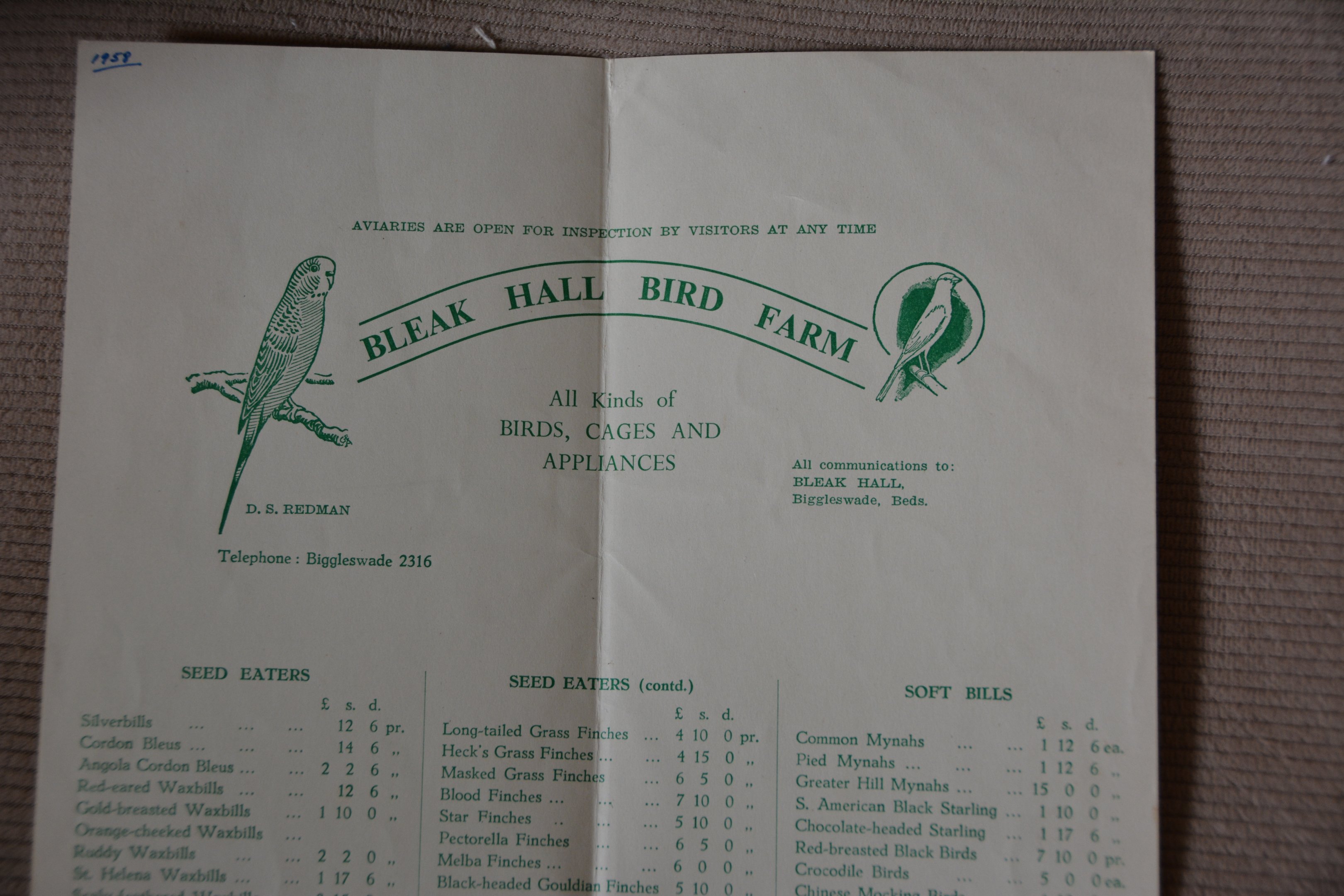 A 1958 list of birds for sale