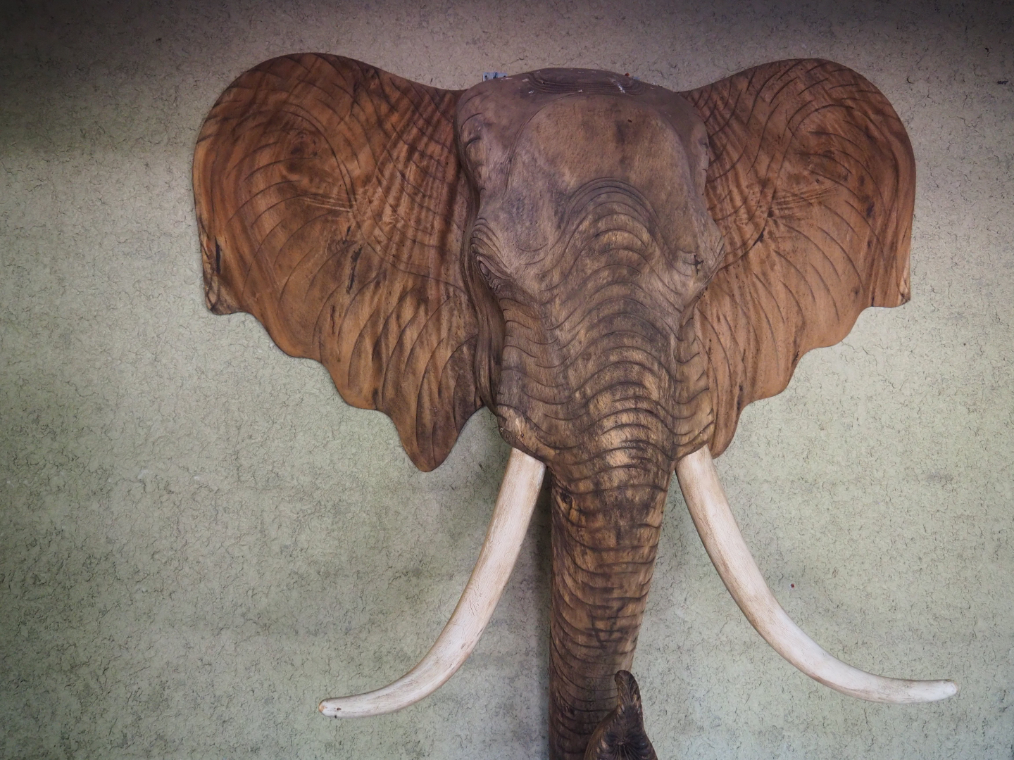 African elephant head wood carving in the restaurant, 2019-08-11