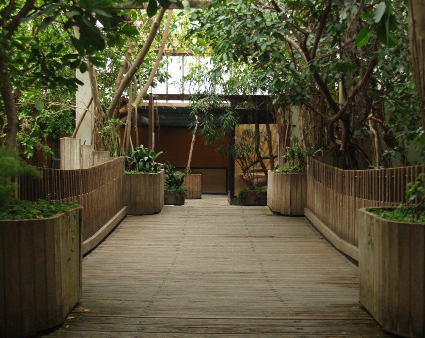 African house walkway with Slender-snouted crocodile exhibit viewing areas, 2006-07-08