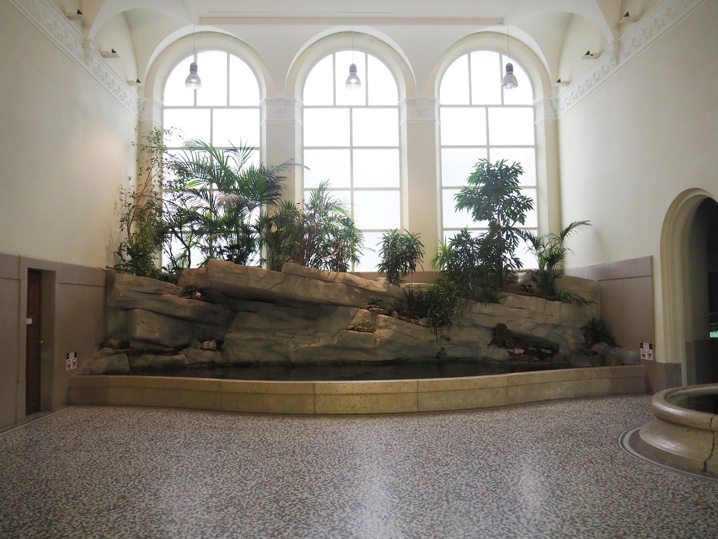 Aquarium entrance hall with Koi, larger goldfish and Chinese high-fin banded shark pond, 2022-08-16