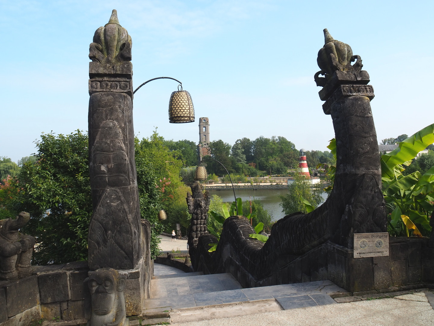 Asian themed stairs with old abbey tower and lighthouse in the background, 2021-09-02