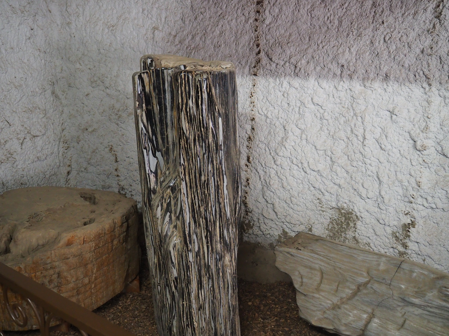 Assorted objects in the entrance corridor to the tropical house - Petrified wood, 2019-08-04