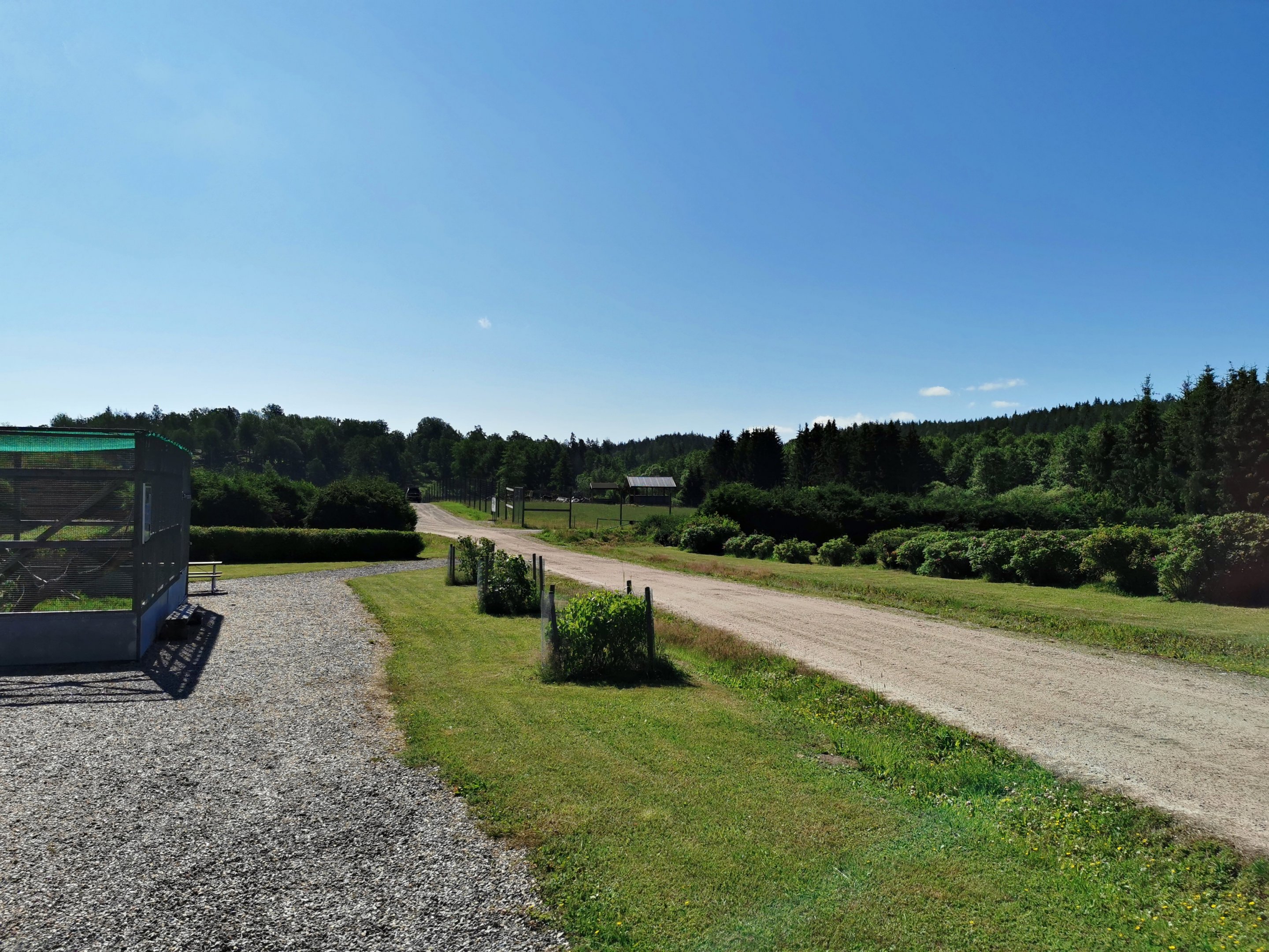 Aviaries to the left and mouflon/fallow deer enclosure in the distance