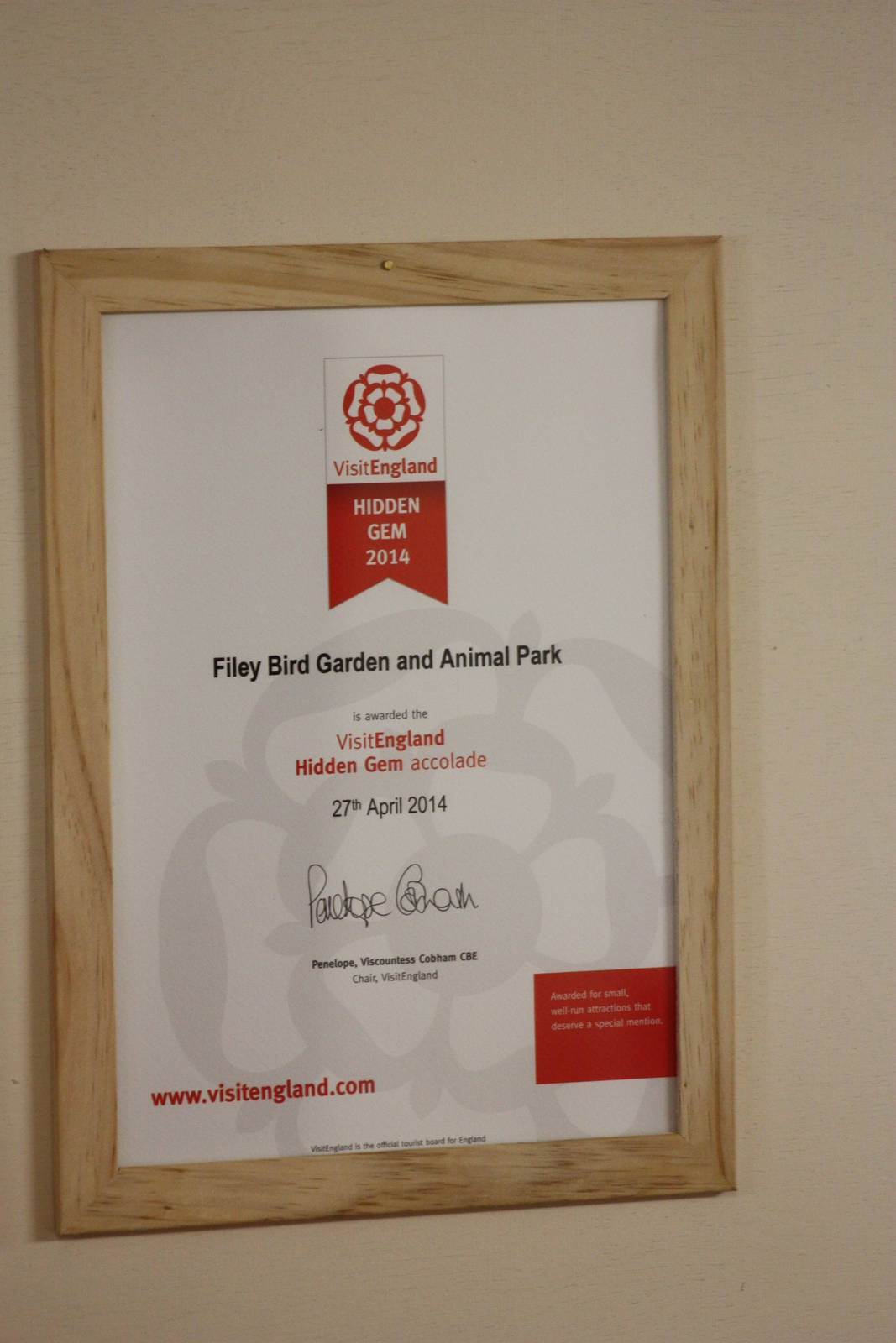 Award certificate received, framed and displayed on 25th September 2014