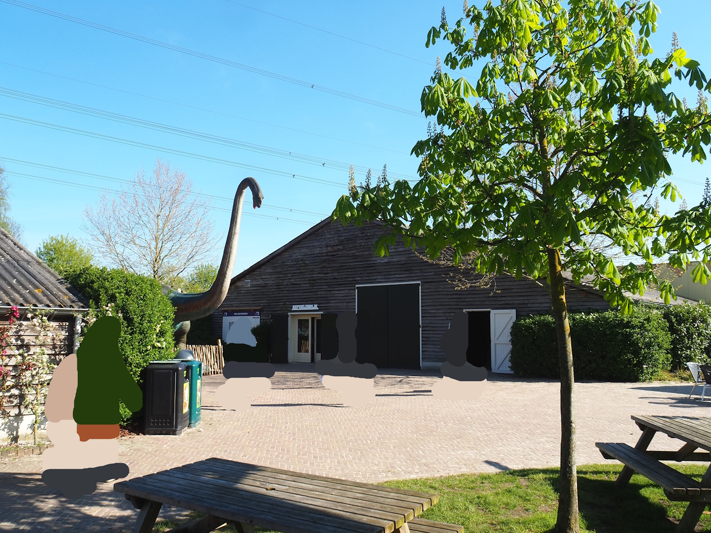 Barn with indoor playground and terrarium room, and Brachiosaurus statue, 2023-04-30