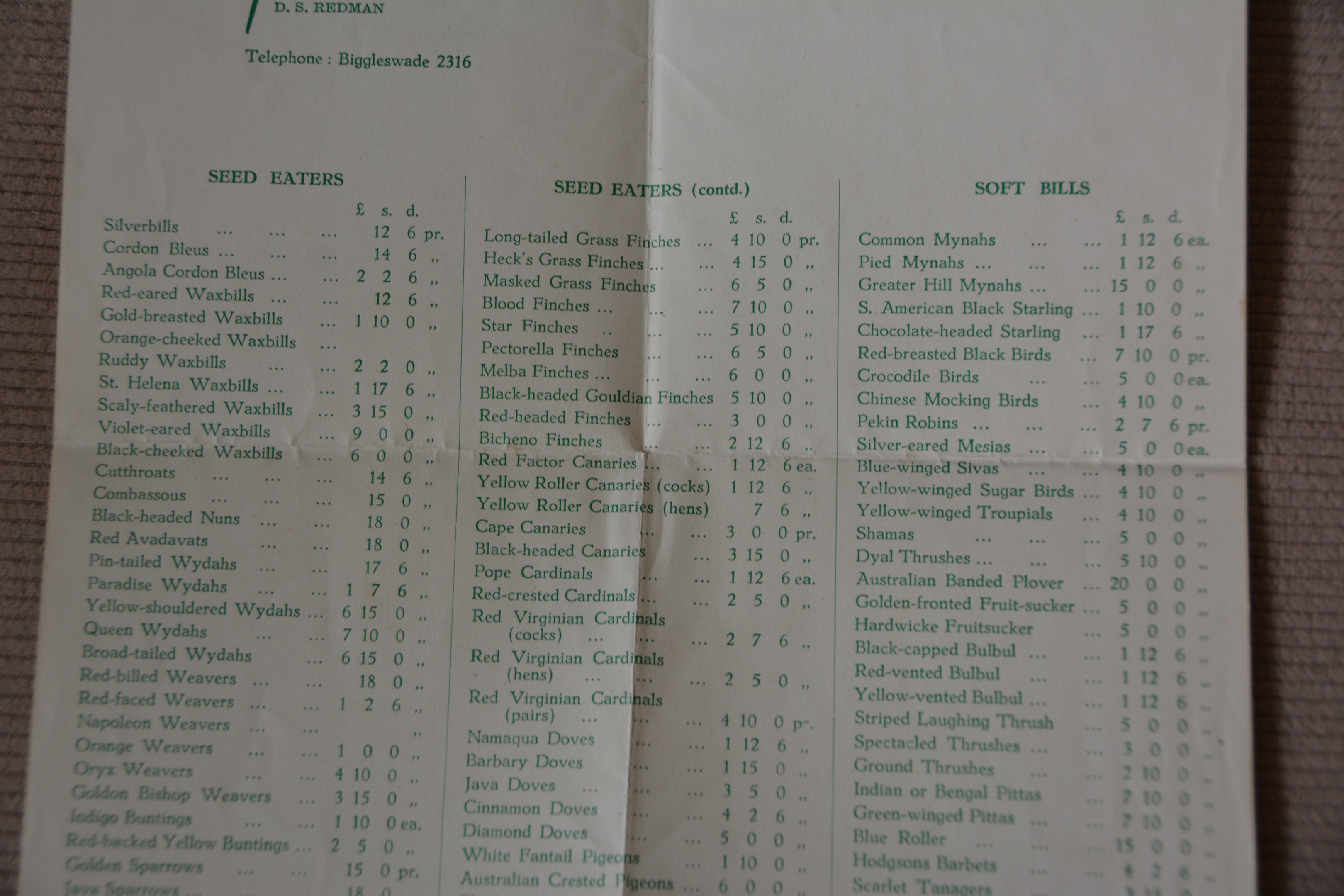 Birds for sale 1958.  UK