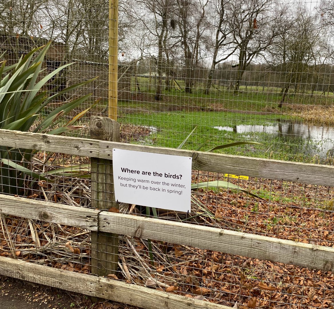 Birds off show sign, ZSL Whipsnade, UK