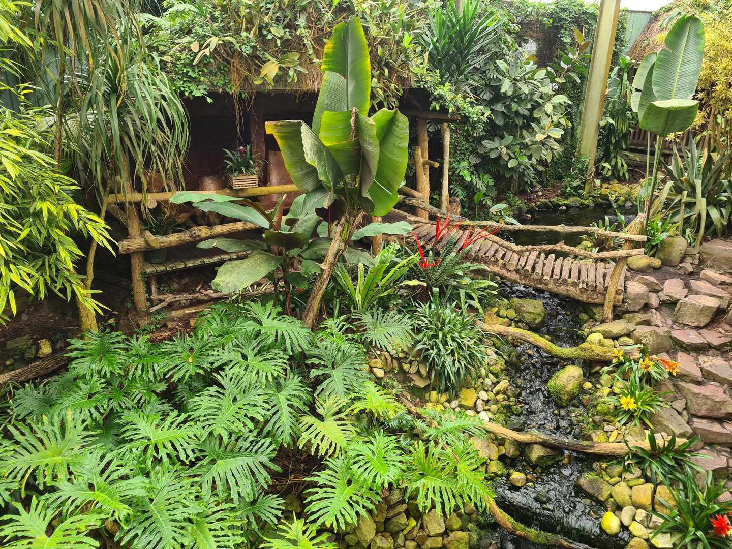 Bridge and waterfall in "Amazon" hall