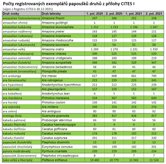 Captive parrots registered in CITES in CZ