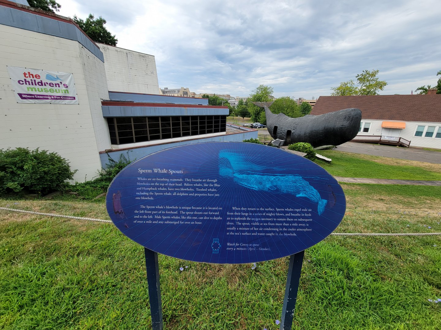 Children's Museum CT - Info about the whale out front, which spouts water