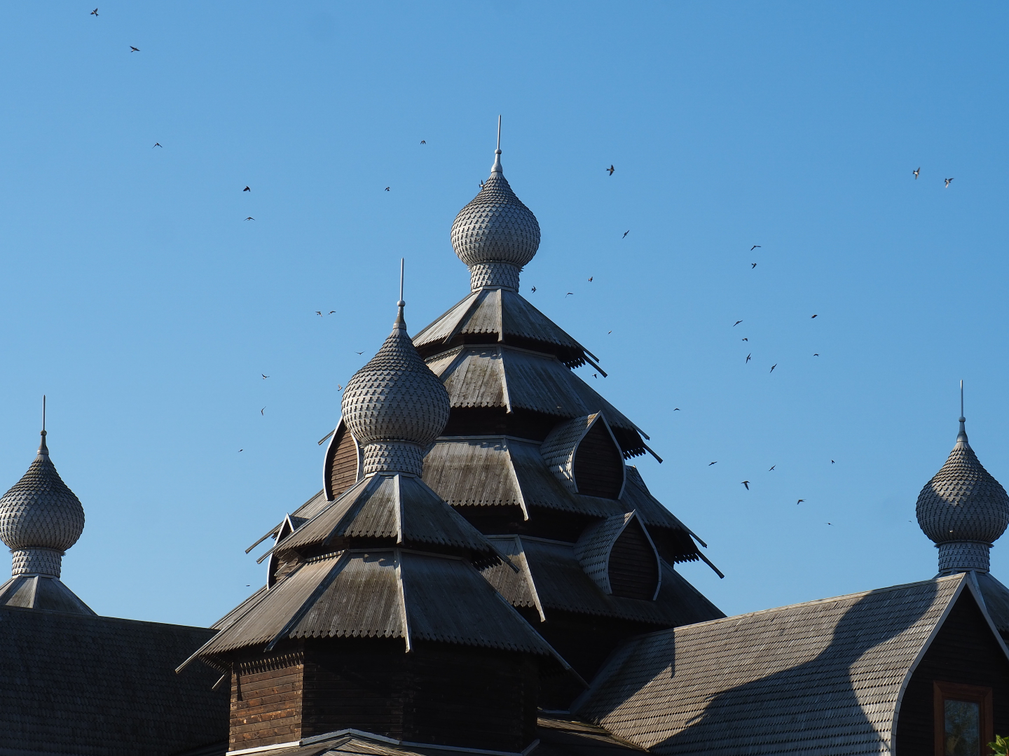Common house martins flying around the tower of Russian restaurant L'Izba, 2020-09-02