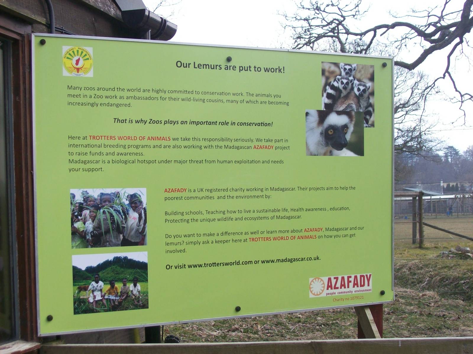 Conservation board beside Ring-tailed lemur and red-ruffed lemur exhibits.