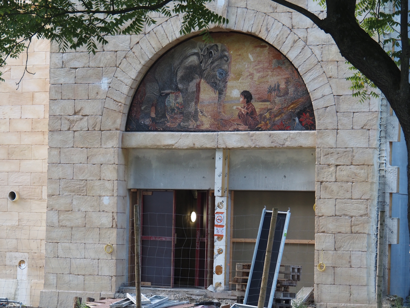 Construction of The Sanctuary, with new mosaic on the street side, 2025-09-01