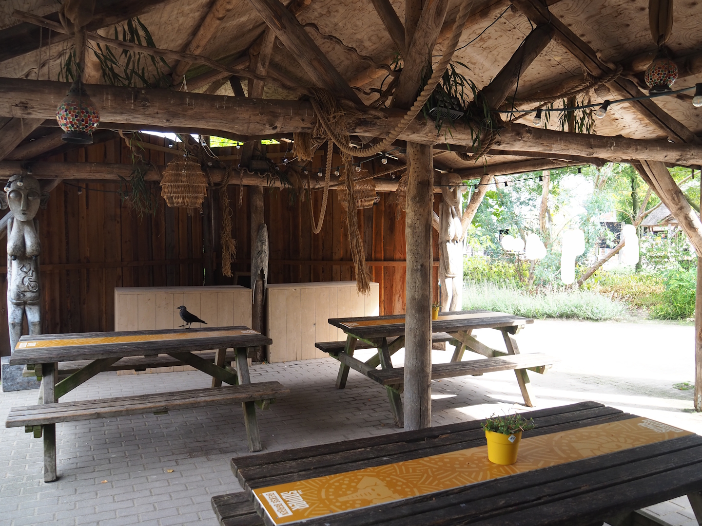 Covered sitting and eating area with theming (and a scavenging jackdaw), 2023-08-15