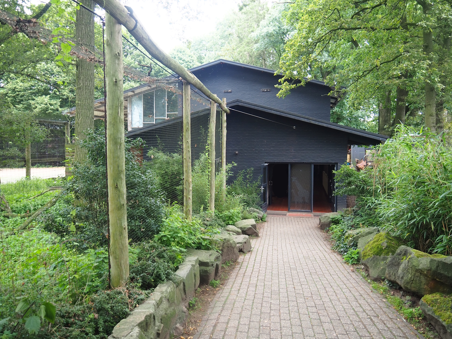 Crowned crane aviary and walkway to Addax and giraffe building, 2023-08-17