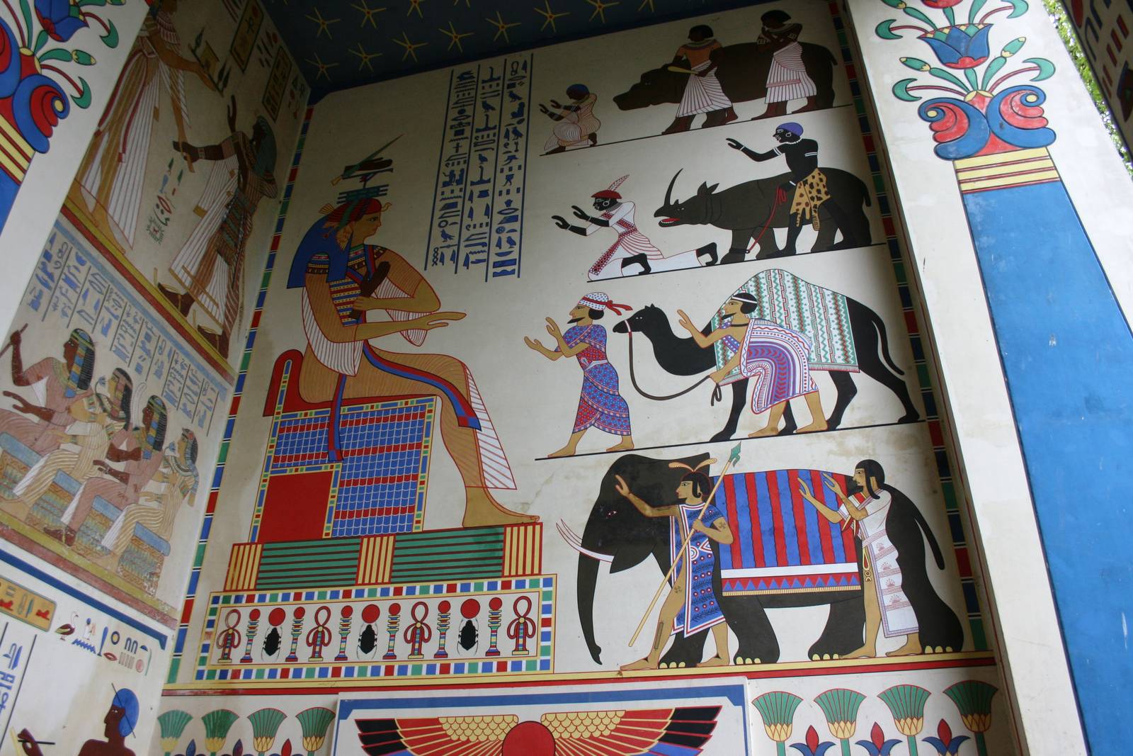 Decorated walls of 'Egyptian Temple' style Elephant House; Antwerp Zoo; 12t