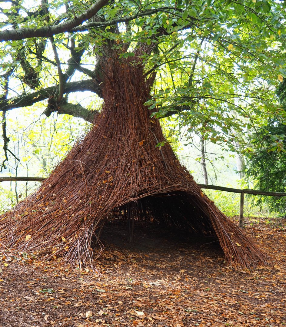 Decorative wicker structure shaped like bowerbird courtship structure, 2019-10-05