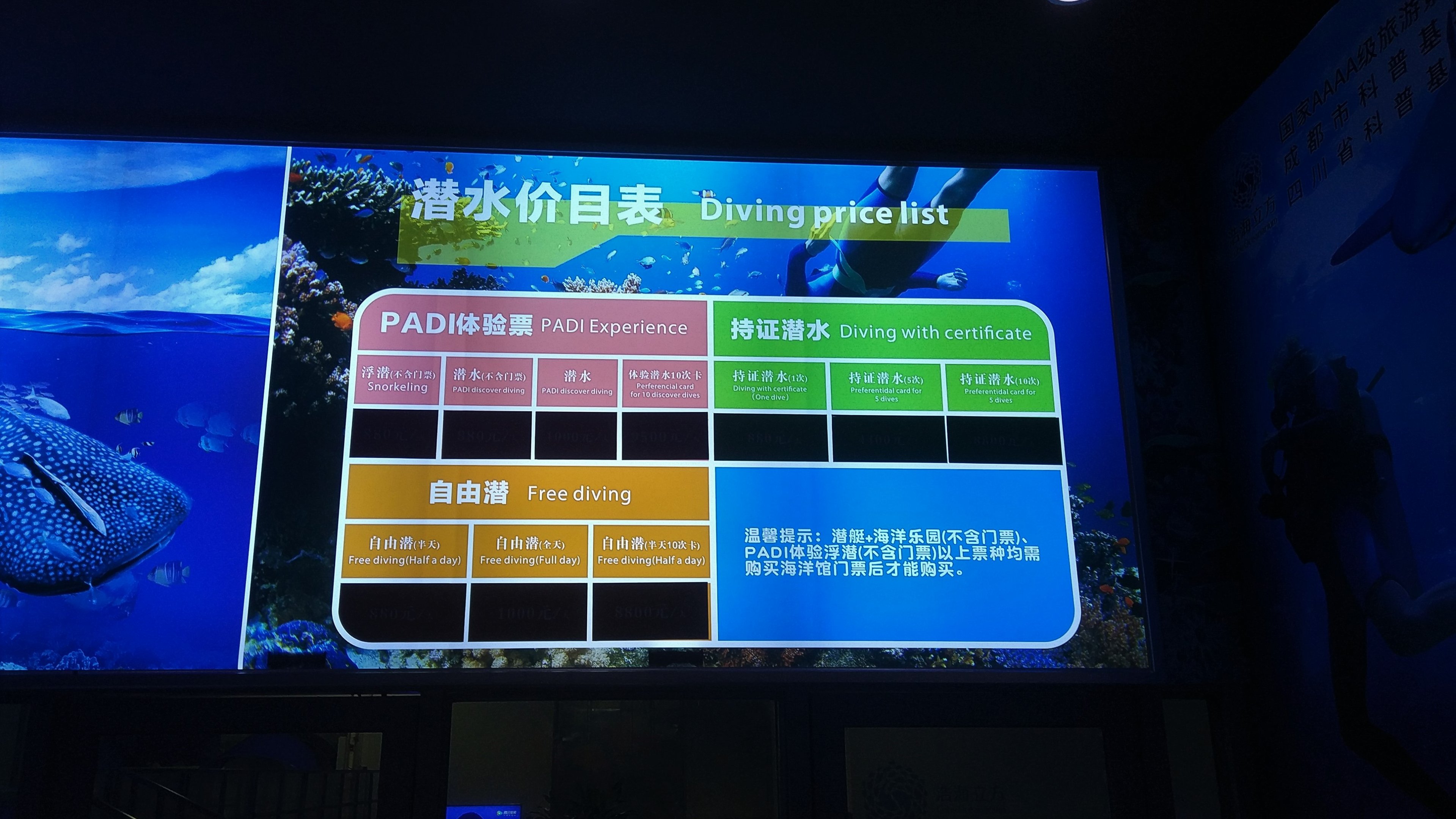 Diving Experience Price Chart