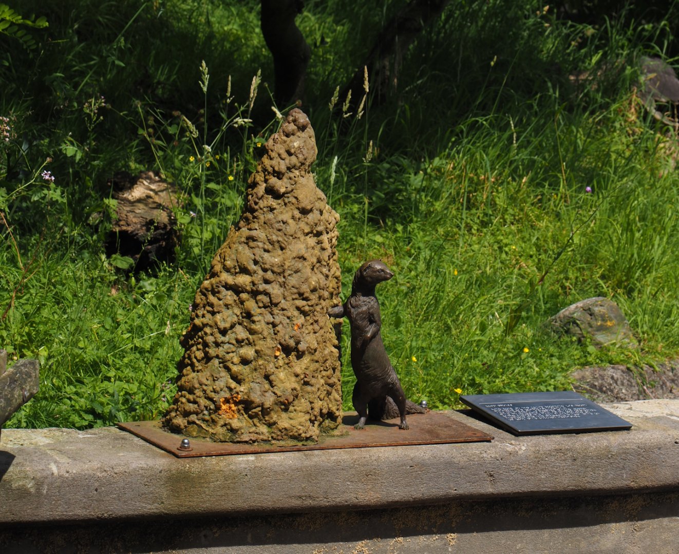 Dwarf mongoose and termite mound statue and Braille sign, 2024-06-30