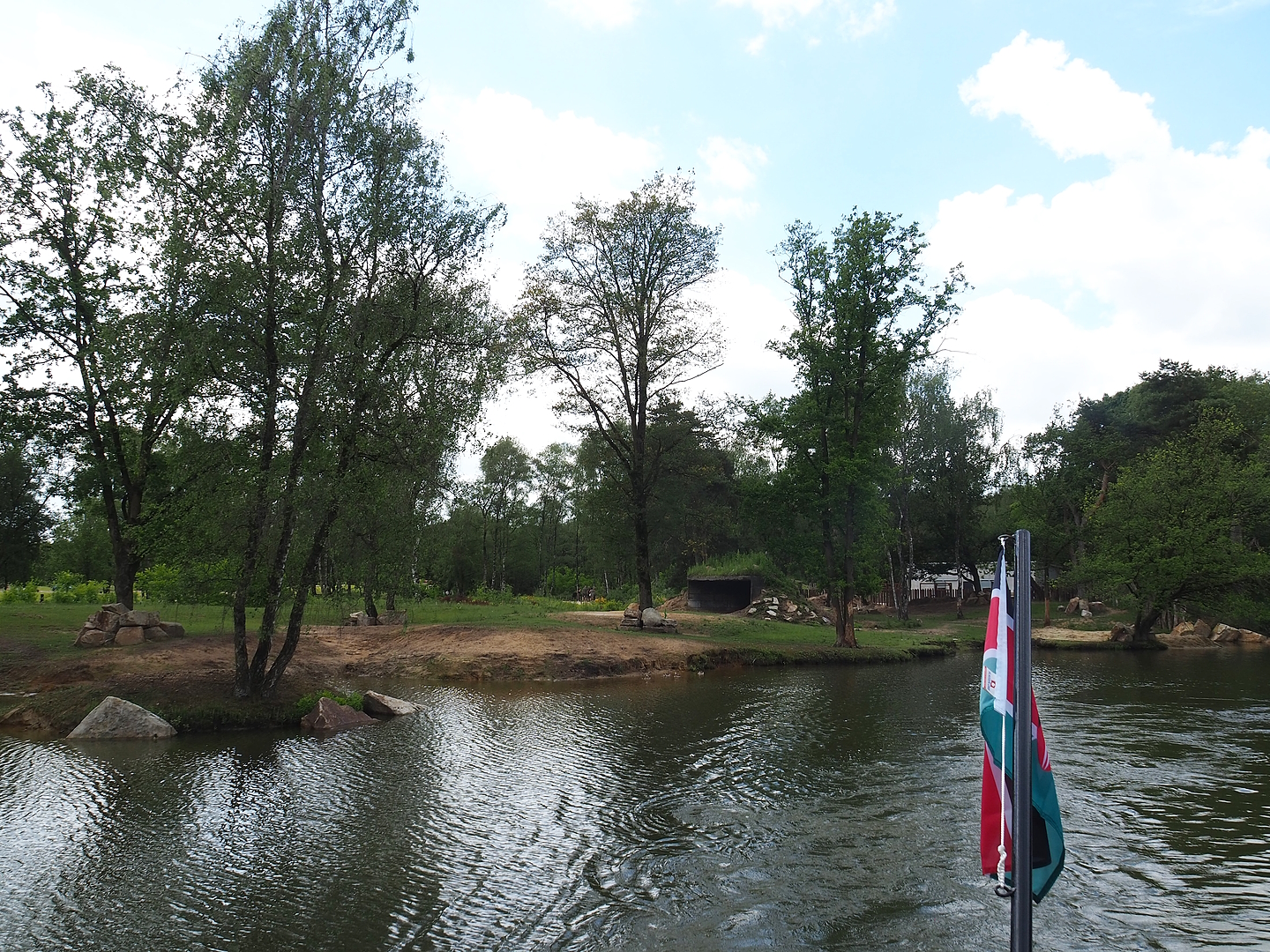 Eastern black rhinoceros exhibit seen from the safari boat, 2022-06-12