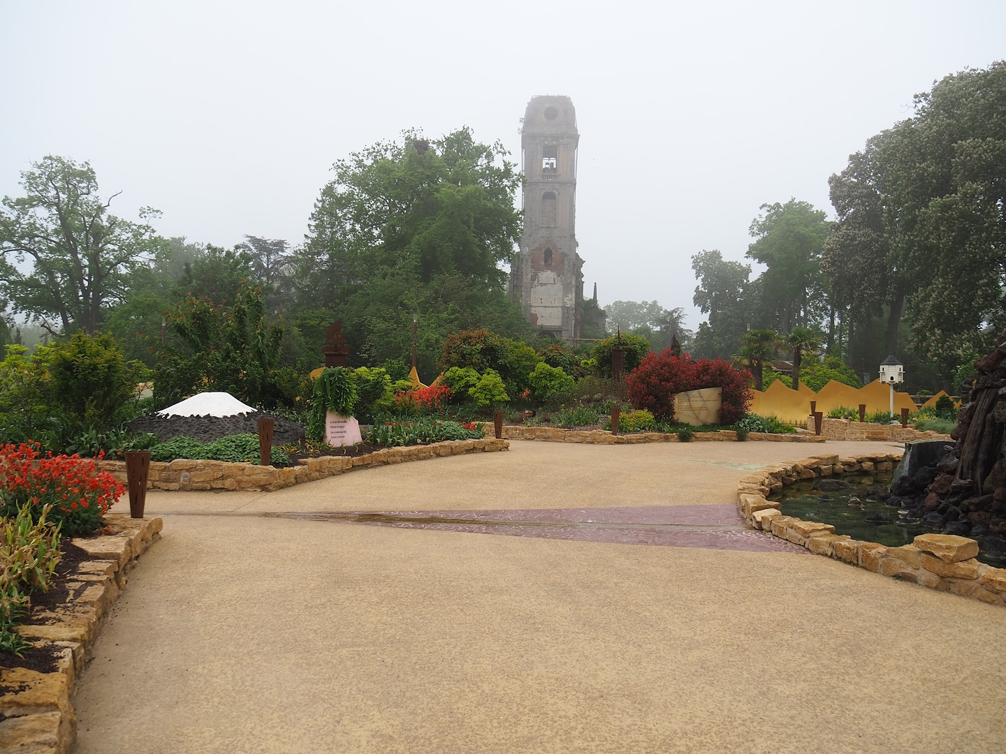 "Egg of the World" entrance area, View towards old abbey tower, 2023-05-15