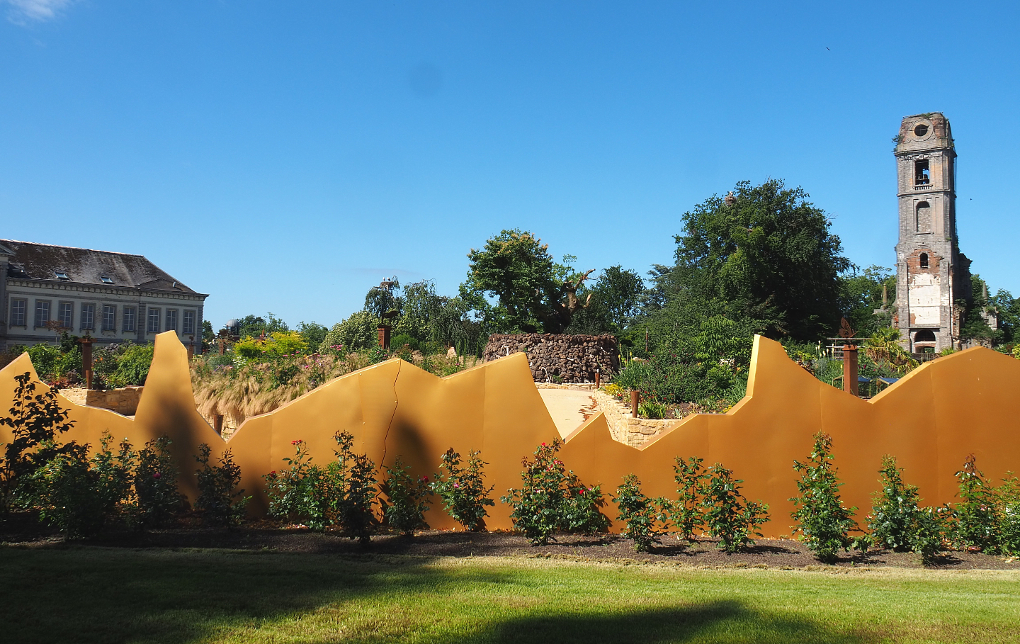 "Egg of the World", part of future entrance area, and old abbey tower, 2022-06-28