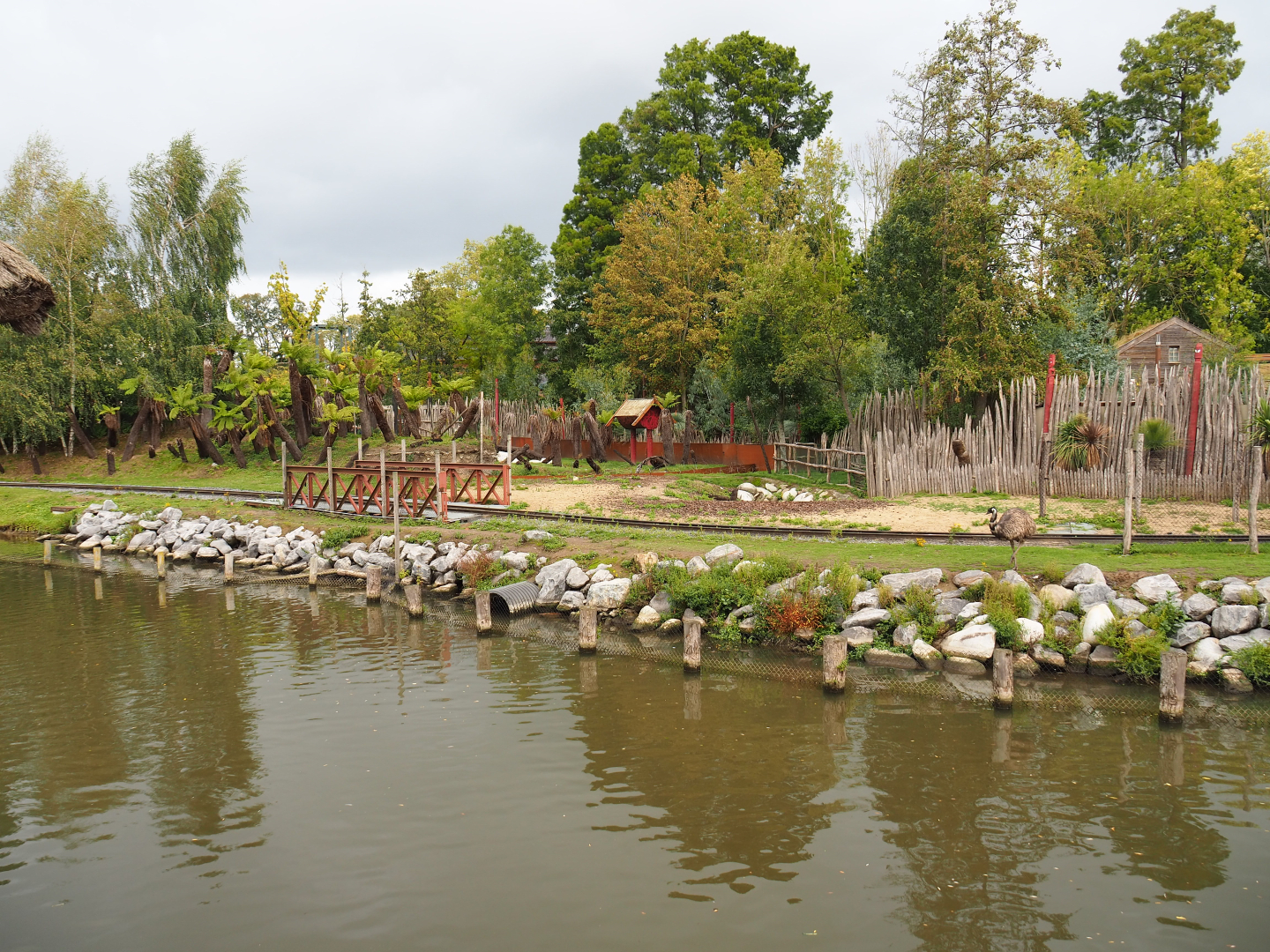 Emu and swamp wallaby exhibit with train tracks, seen from the African stilt village, 2019-10-04
