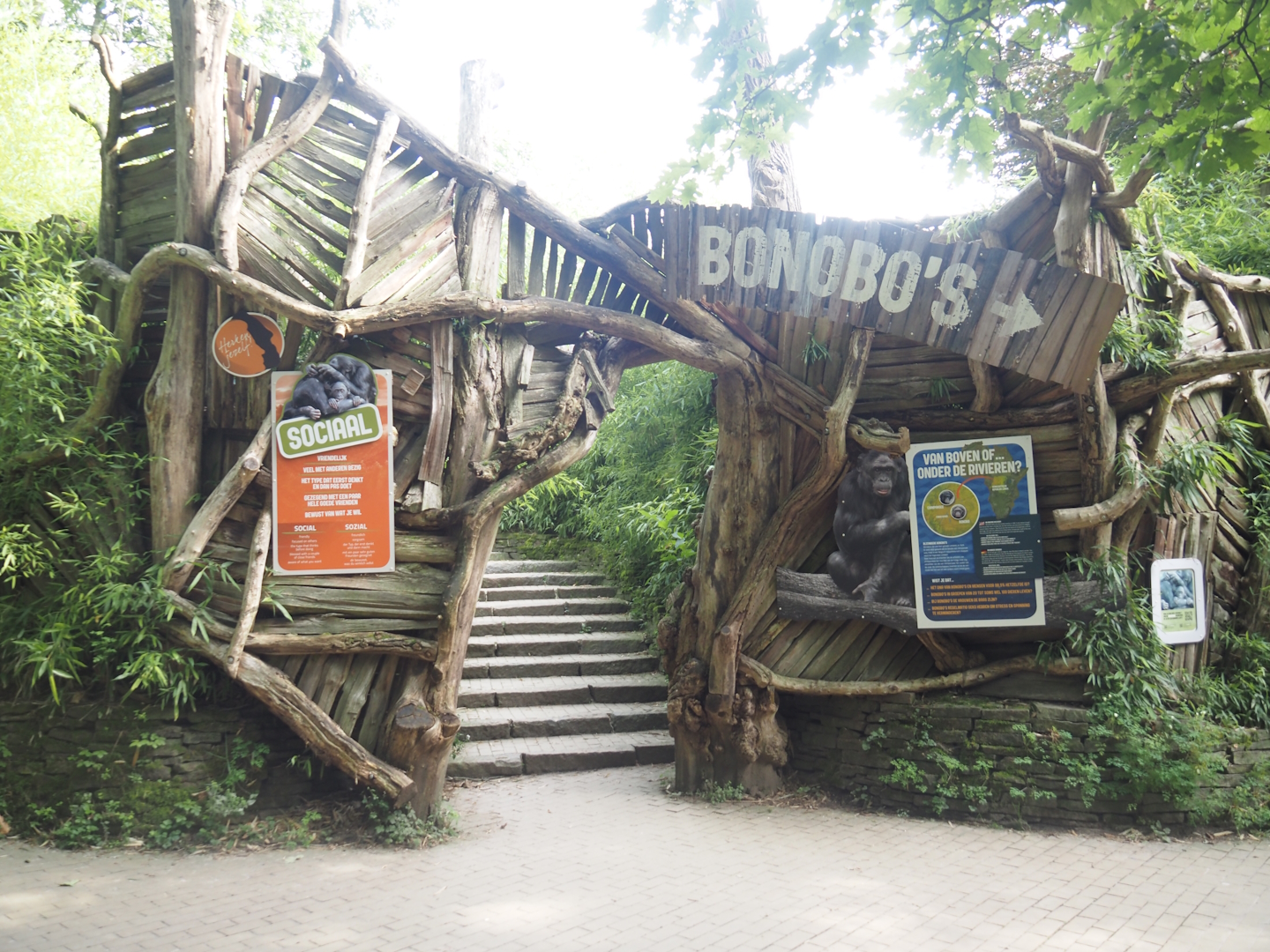 Entrance arch of bonobo area with educational signage, 2024-08-18