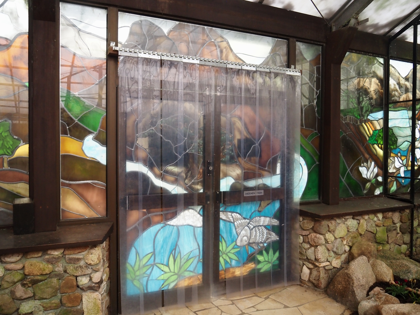 Entrance doors of the Paradies-Halle with stained glass windows, 2024-05-22