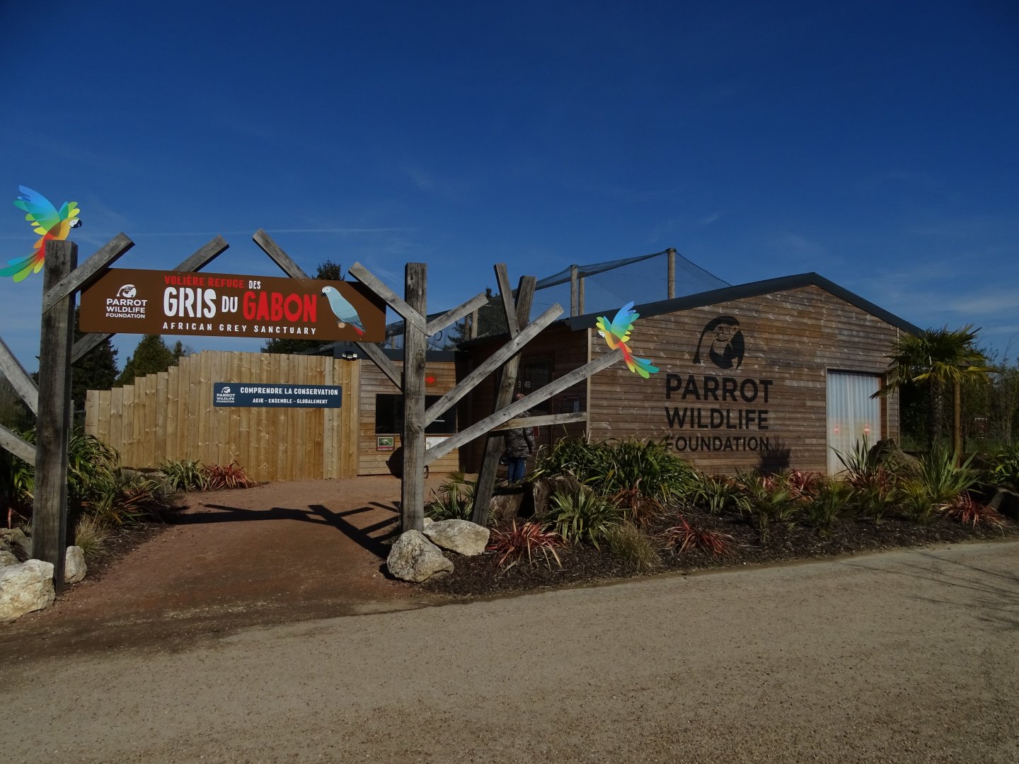 Entrance of the grey parrots aviary