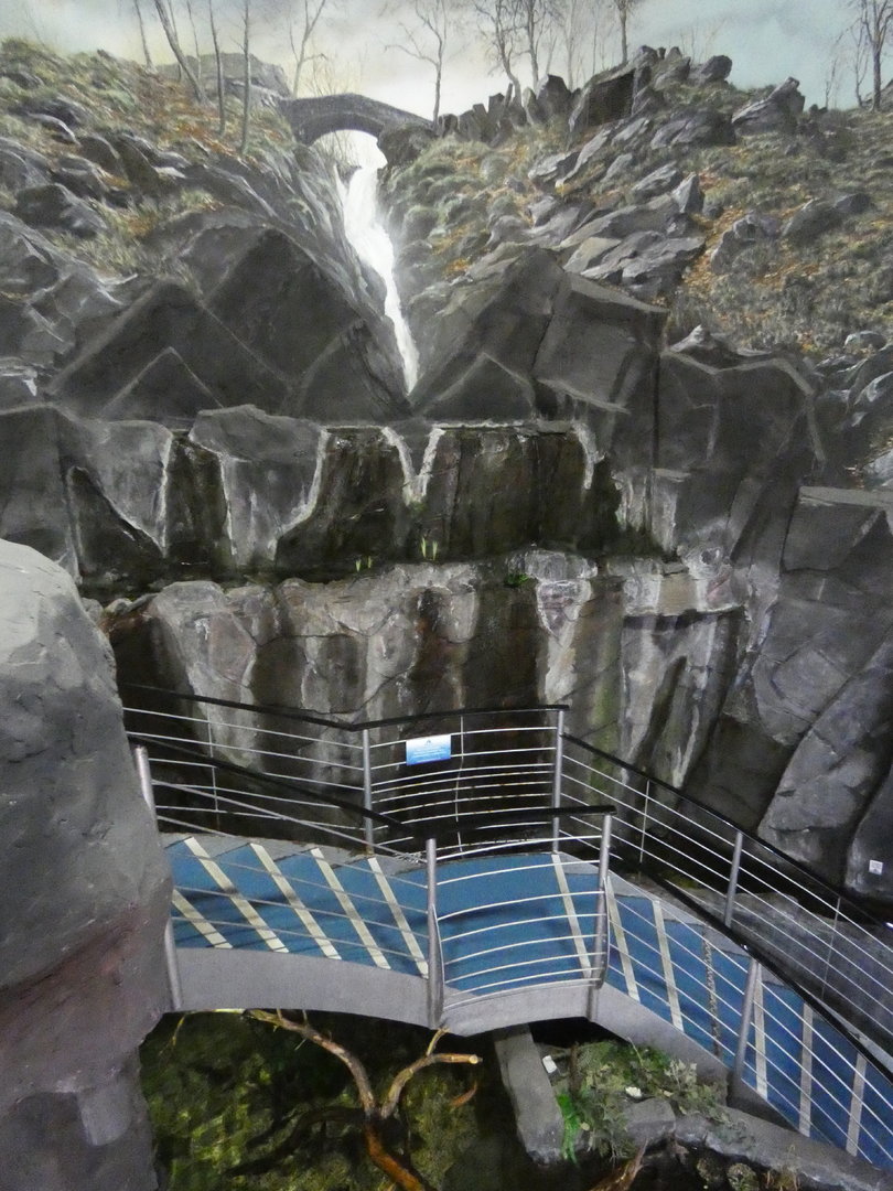 Entrance stairs and waterfall