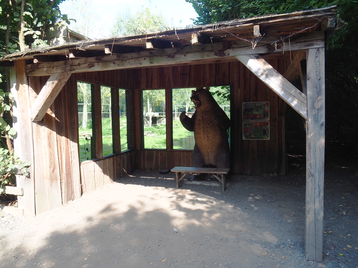 Eurasian brown bear viewing area with bear statue, 2020-09-12