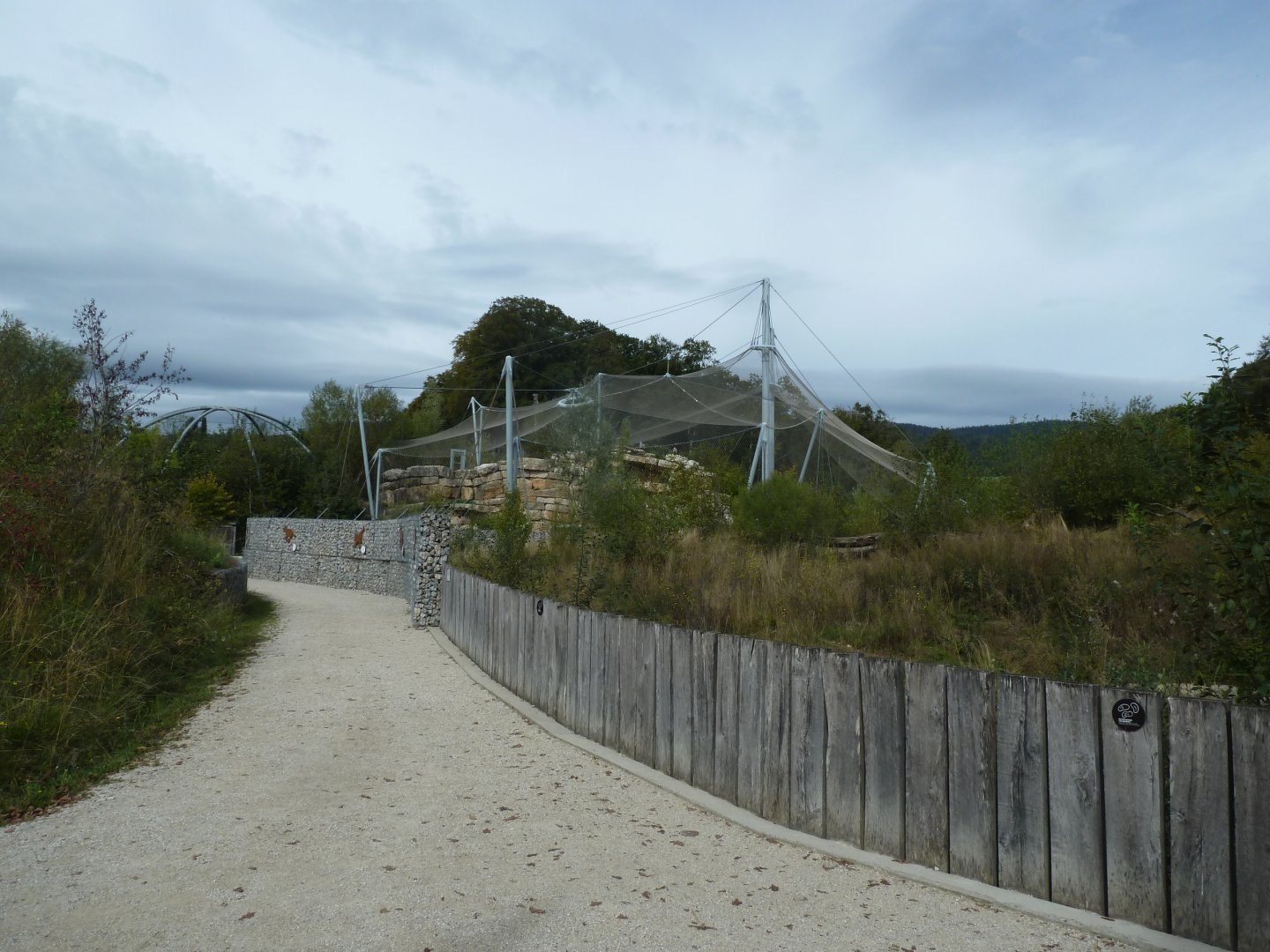 Eurasian wolf enclosure, Alpine ibex walk-through aviary and European eagle-owl aviary