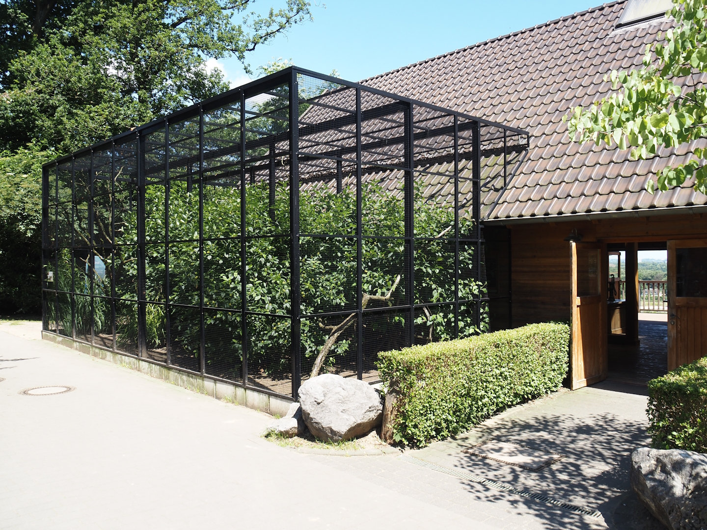 Farm area - Barn with pheasant aviary, exhibition, viewing area over city, barn owl exhibit and budgie aviary, 2024-06-08
