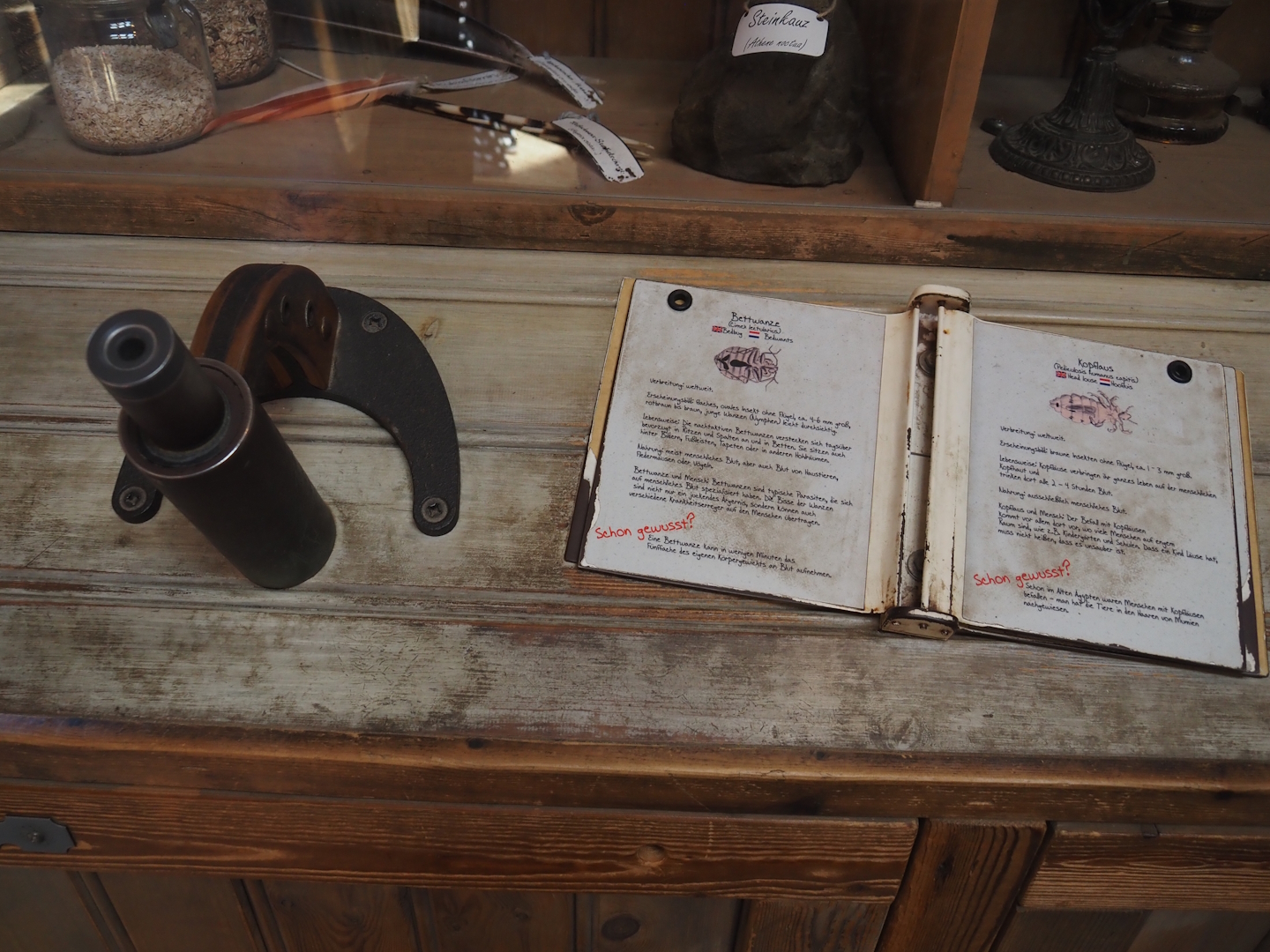 Farm area - Microscope showing slides of and signs about plague insects, 2024-06-08