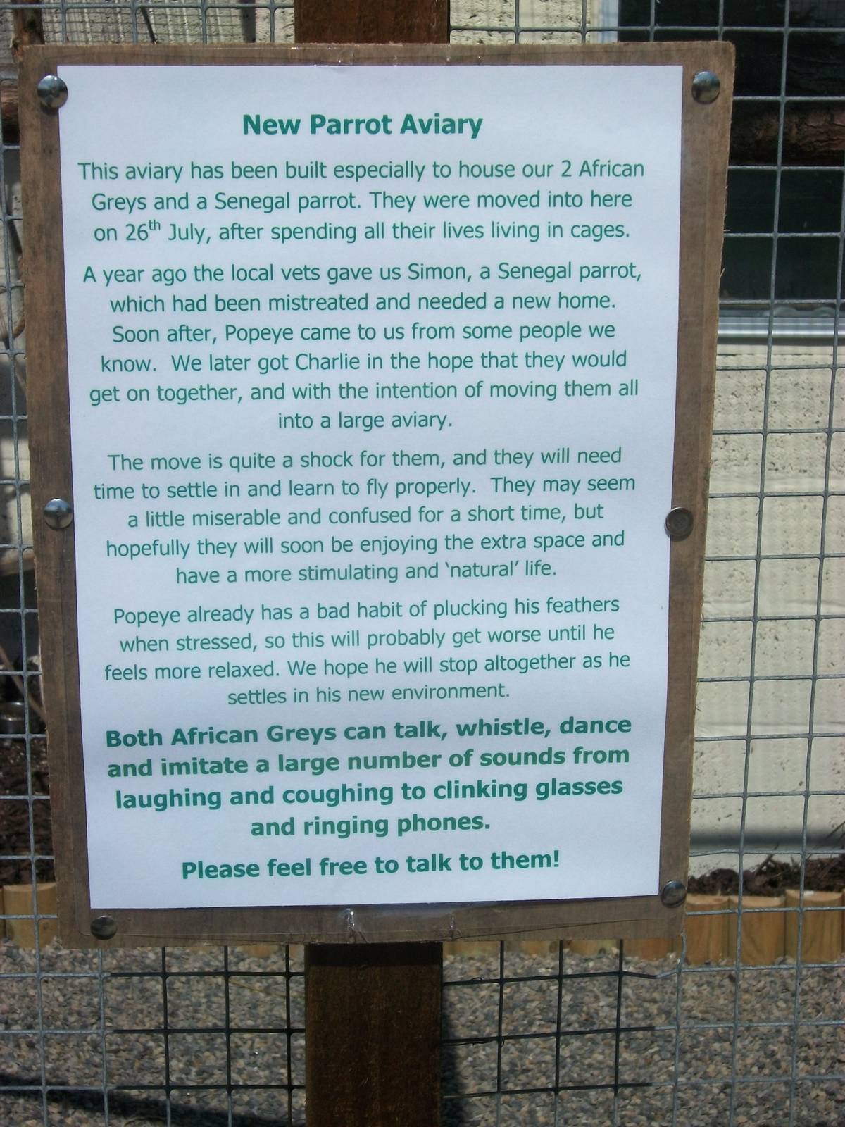 Filey Bird Garden and Animal Park, Parrot Aviary information 2nd August 201