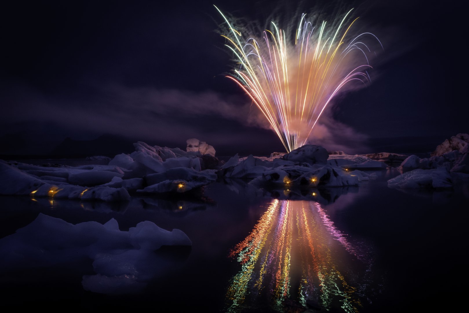 Firework show at Glacier Lagoon