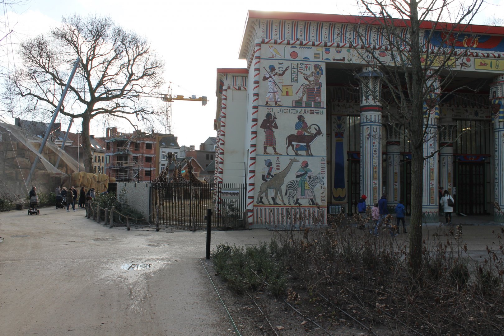 Giraffe-outdoor-enclosure and Egyptian Tempel