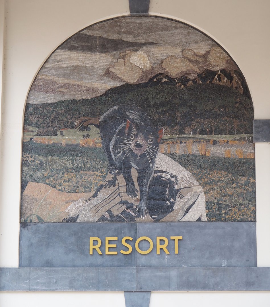 Golden Clock Square entrance area - Tasmanian devil mosaic, 2024-09-17