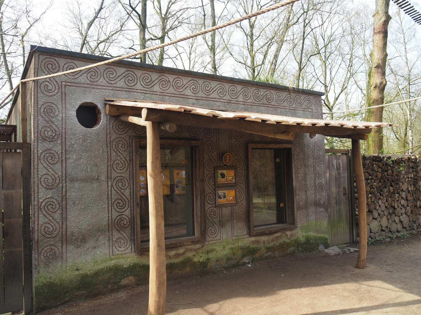Golden-headed lion tamarin and white-faced saki house with new canopy and holes in wall for new outdoor accesses, 2024-03-20