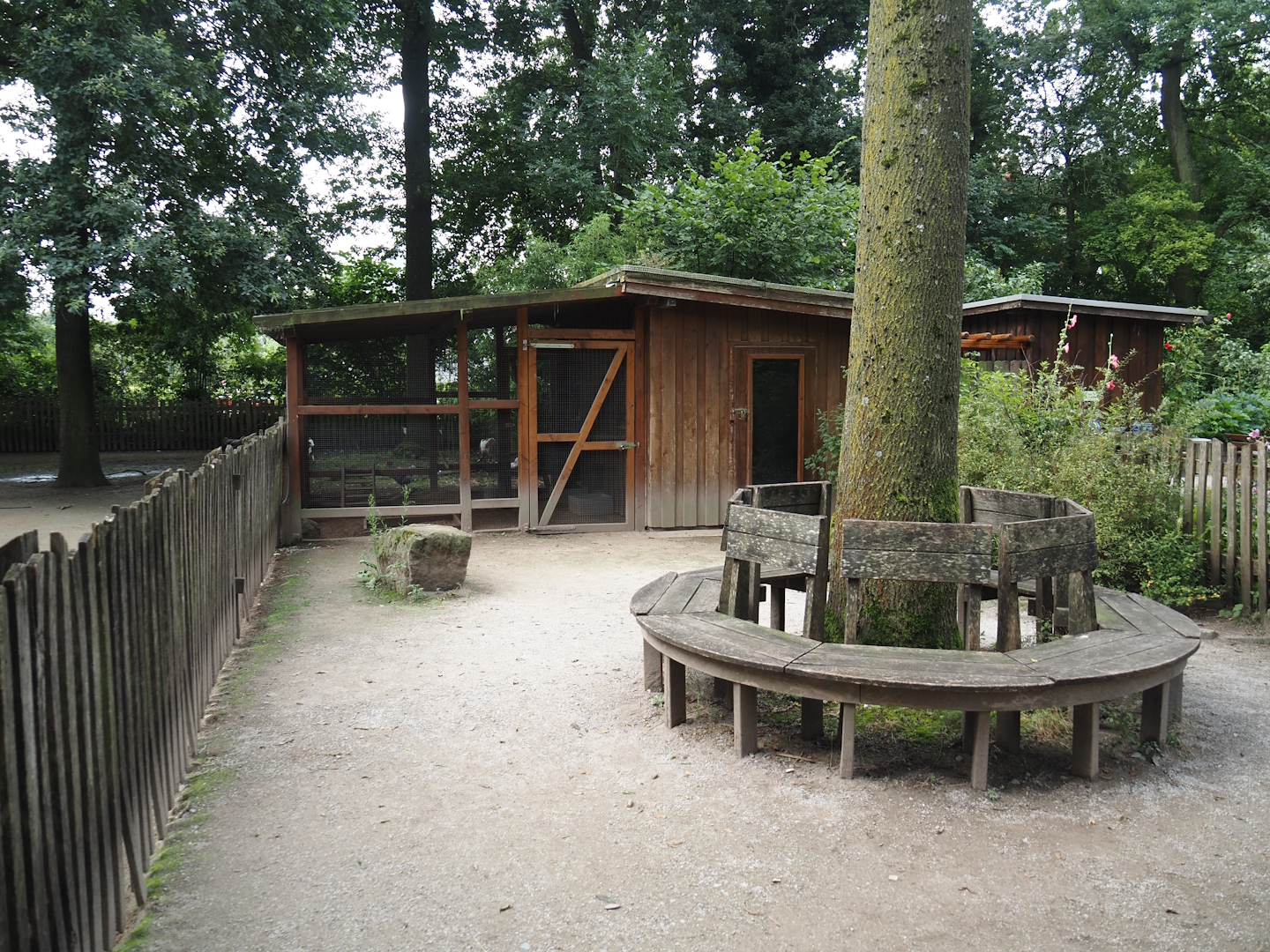 Grimberger Hof farm area - Sitting area next to petting zoo and Petting zoo chicken barn and aviary, 2024-08-05