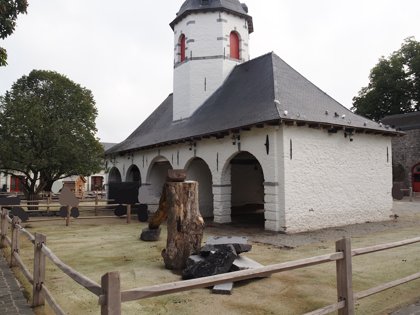 Historical farm building and former smaller petting zoo stable building, now housing pigeons, guinea pigs and feeding and shelter area, 2024-09-17