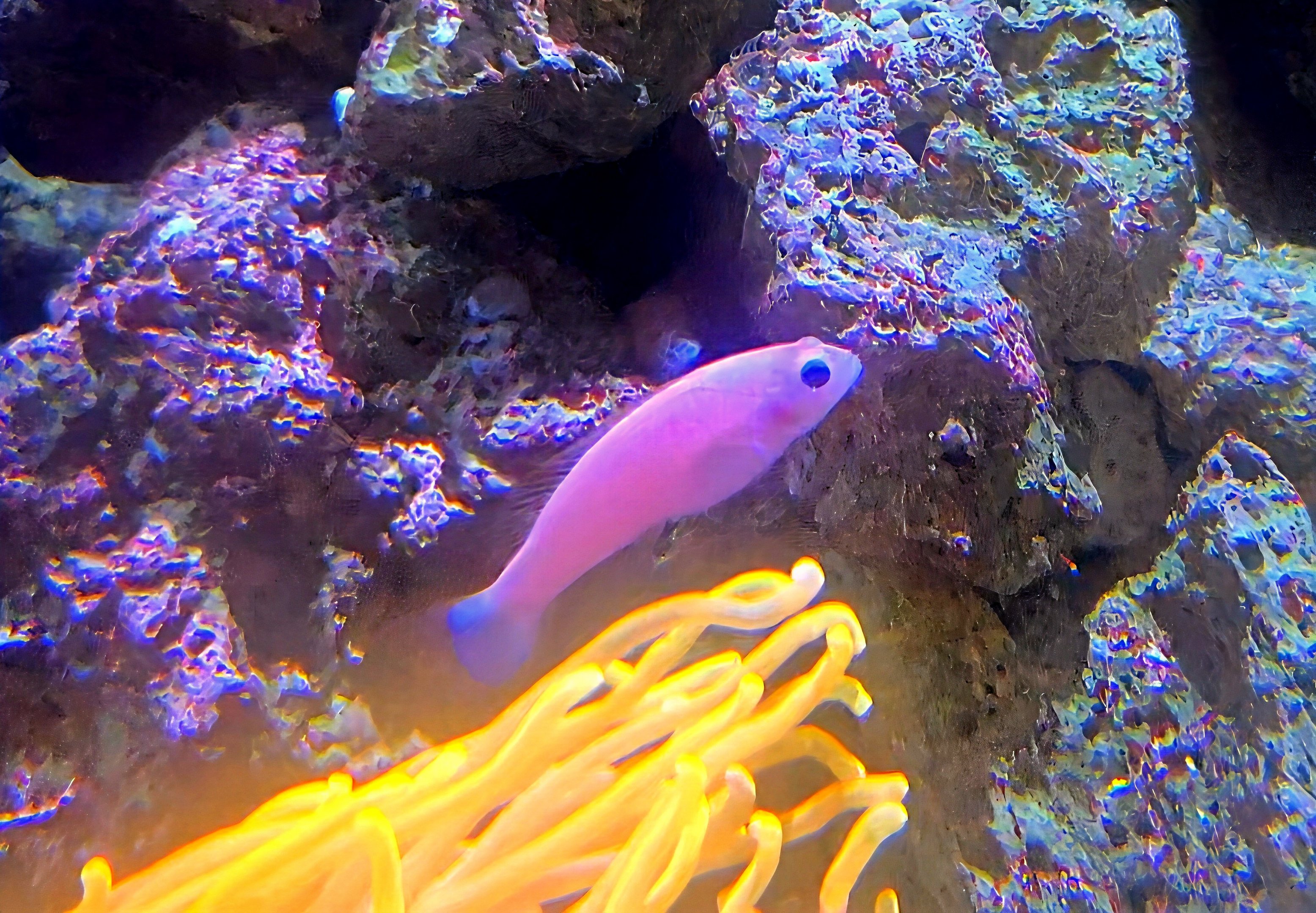 I think this fish may be a Strawberry Dottyback, but I'm not sure.