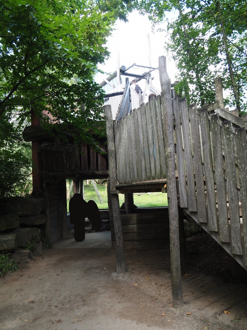 Indian sloth bear and Asian small-clawed otter exhibit viewing area and access to adventure bridge above exhibit, 2023-08-15