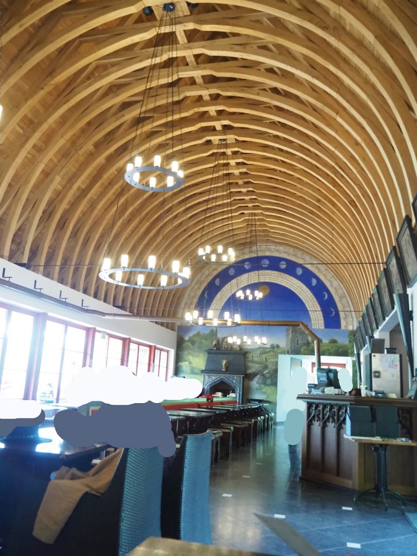 Interior of "La Brasserie" brewery and tavern building, 2023-05-16