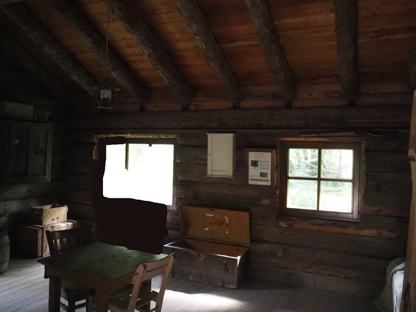 Interior of Trapper Creek Hut, themed Eurasian lynx viewing cabin, 2024-08-05