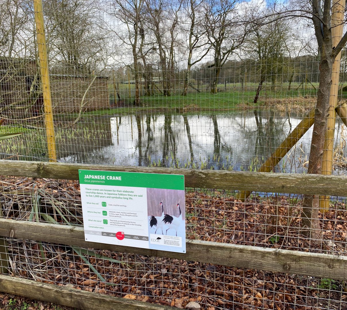 Japanese crane signage, ZSL Whipsnade, UK